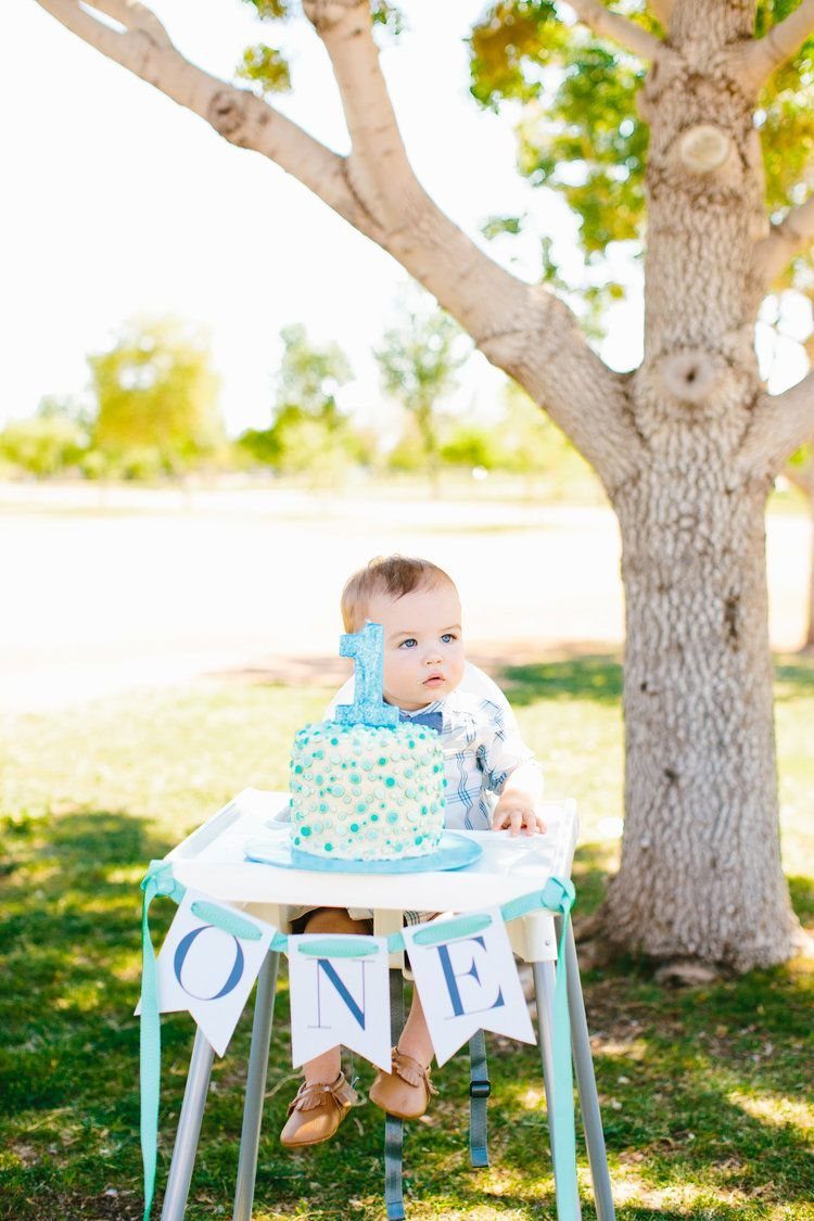 Baby boy with a first birthday cake sitting in a park under a tree
