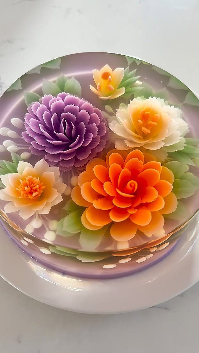 Translucent purple jelly cake with suspended 3D floral designs in orange, purple, and white.