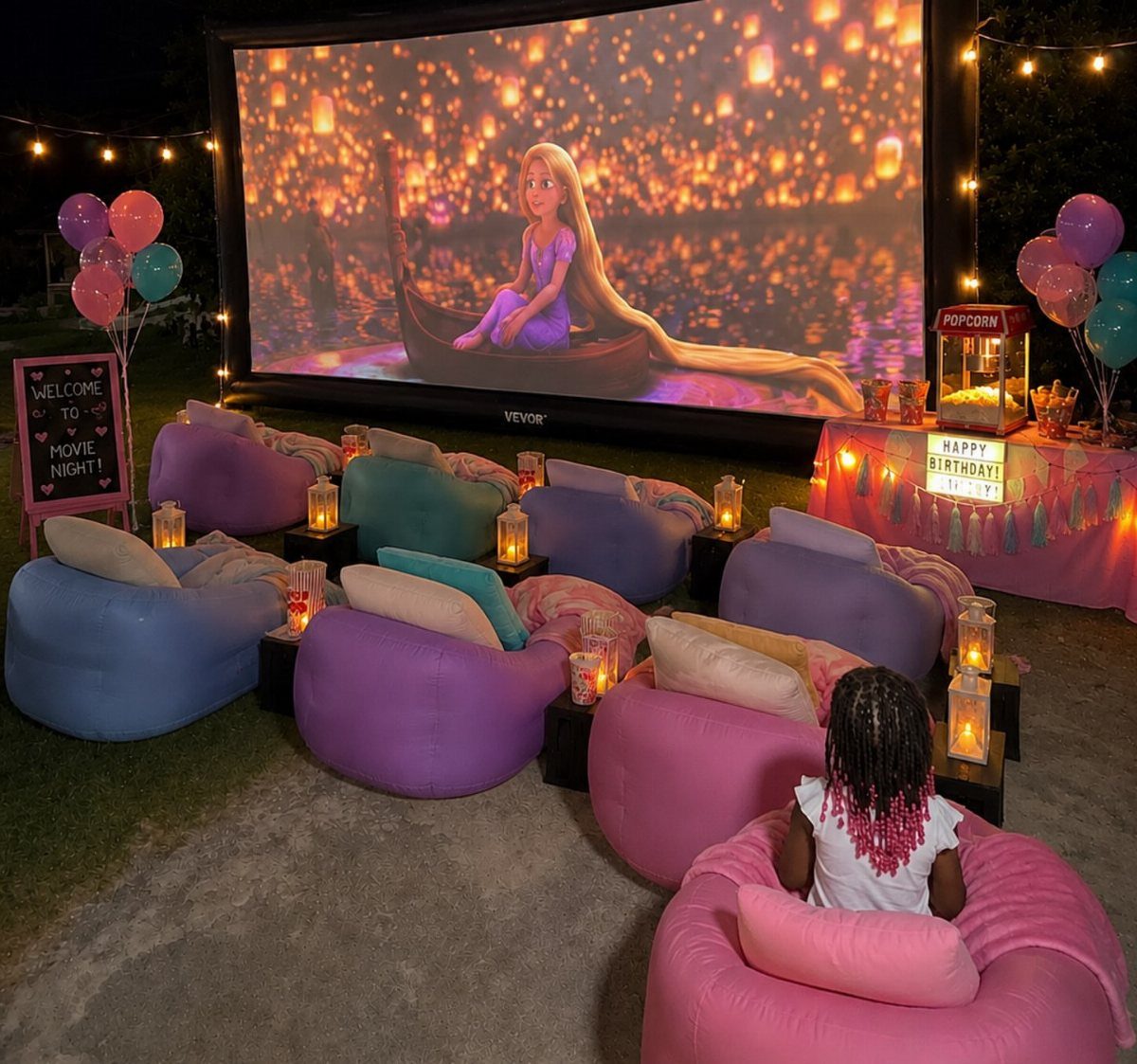 Outdoor movie night setup with colorful bean bags and a large projector screen.