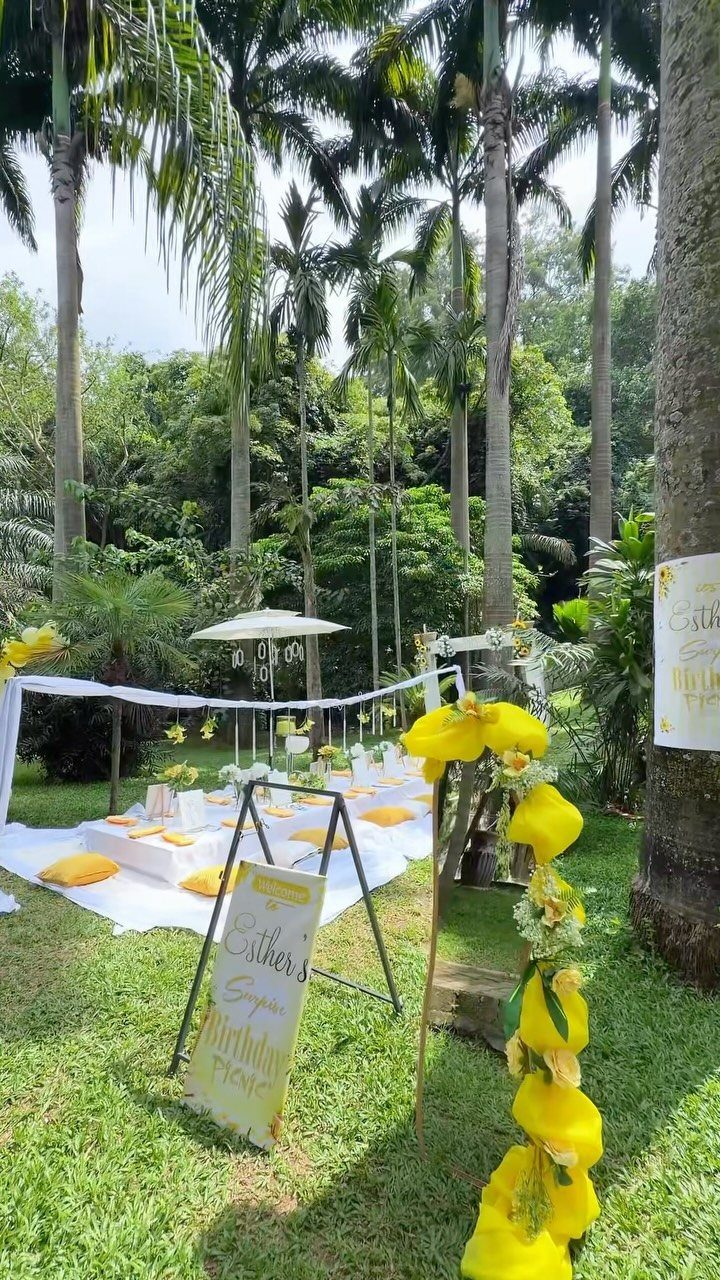 Outdoor picnic setup with white cloth, yellow cushions, and floral arch under palm trees.