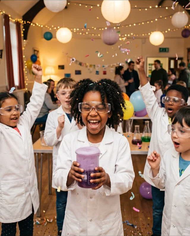 Children in lab coats and goggles cheering around science experiments at a party.
