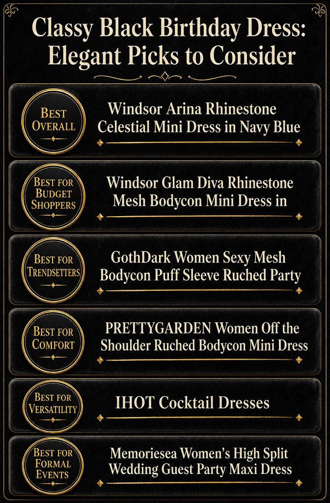 An infographic comparing different black birthday dresses with specifications