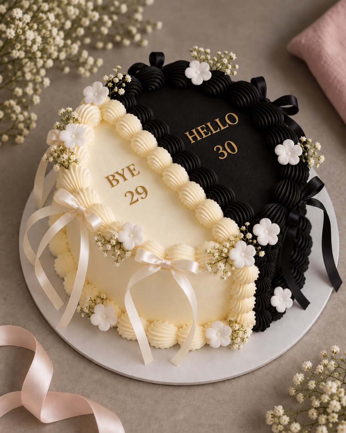 Heart-shaped cake split in cream and black with gold text celebrating 30th birthday.