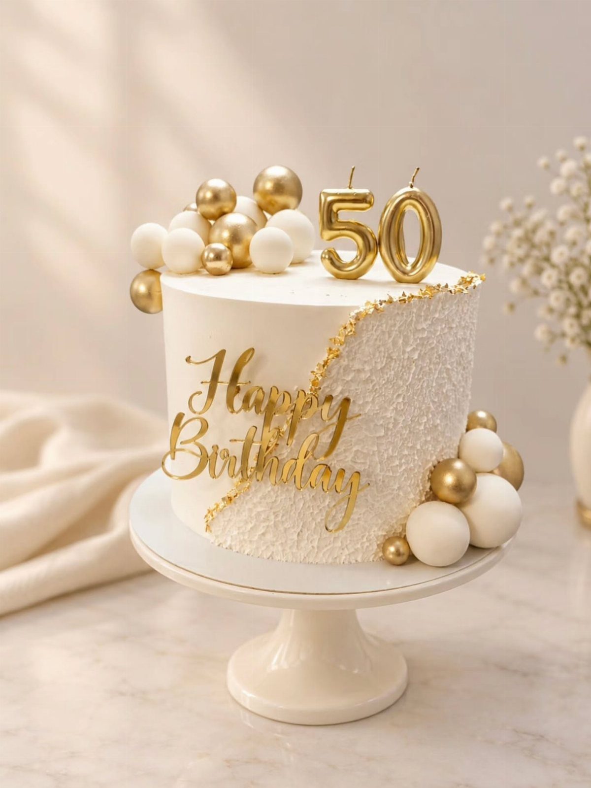 White birthday cake with gold 50 candles and gold lettering on a stand