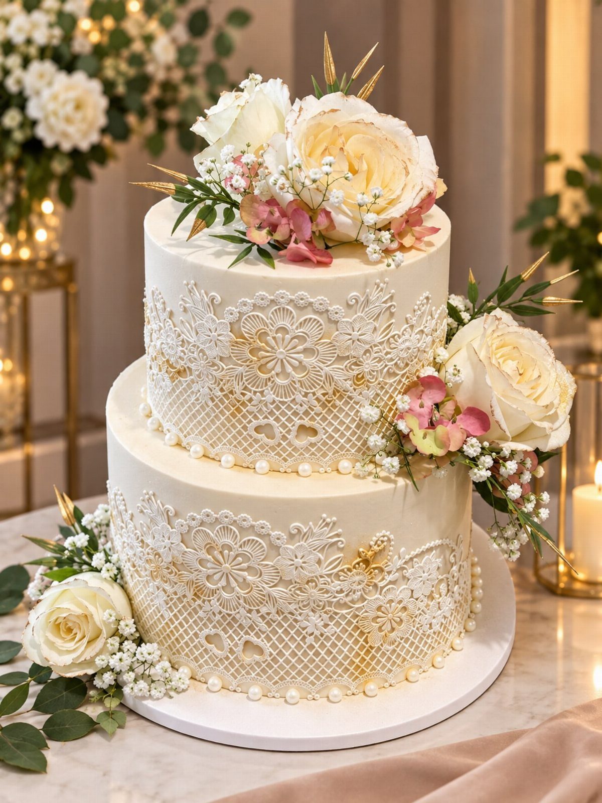 Two-tier white cake with intricate edible lace, gold accents, and fresh white roses.