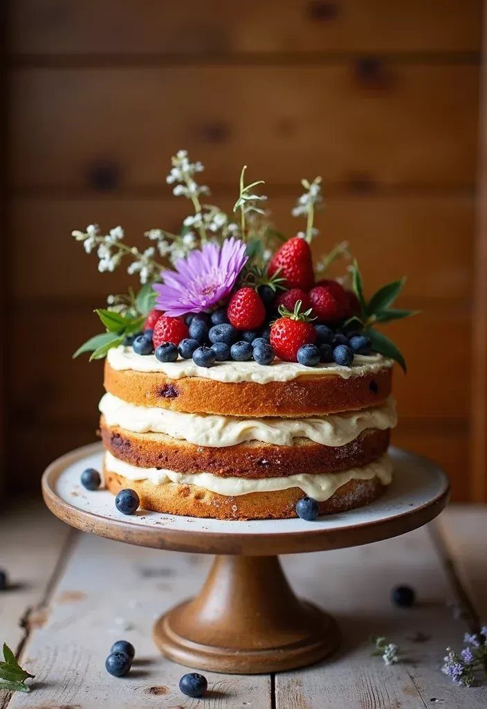 Three-layer naked cake topped with fresh berries and flowers on a wooden stand.