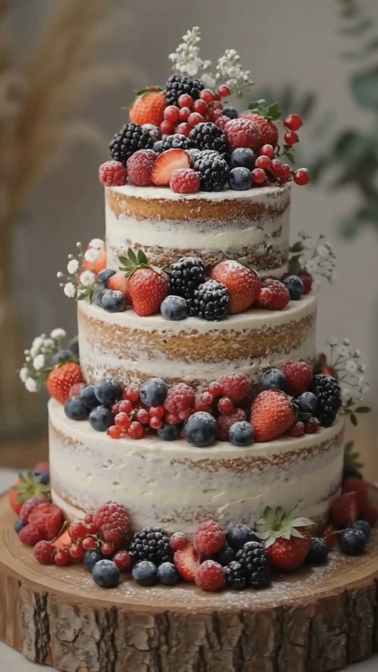Three-tier semi-naked cake decorated with fresh berries and white flowers on wood slice.
