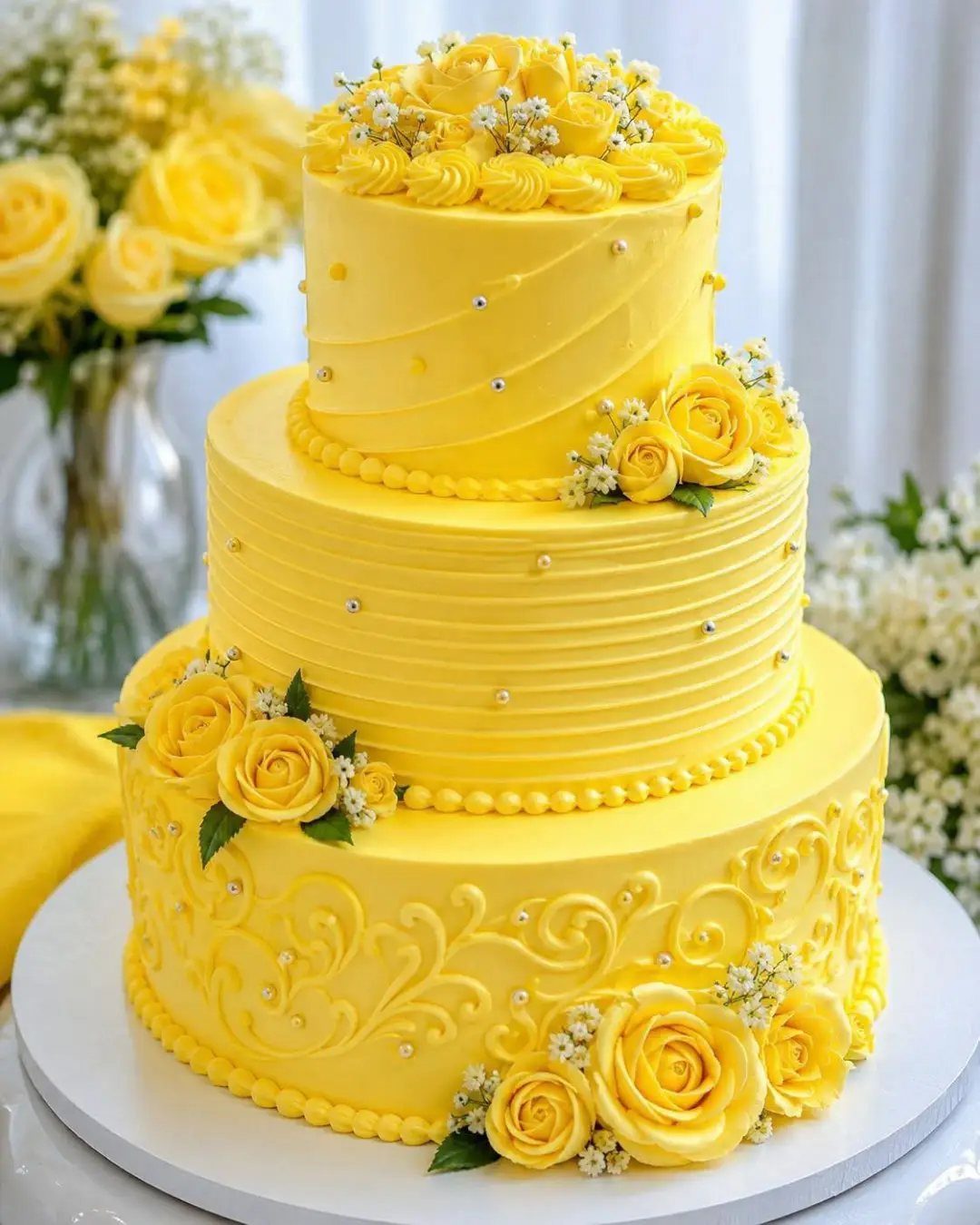 Three-tier yellow birthday cake decorated with buttercream scrolls and fresh yellow roses.