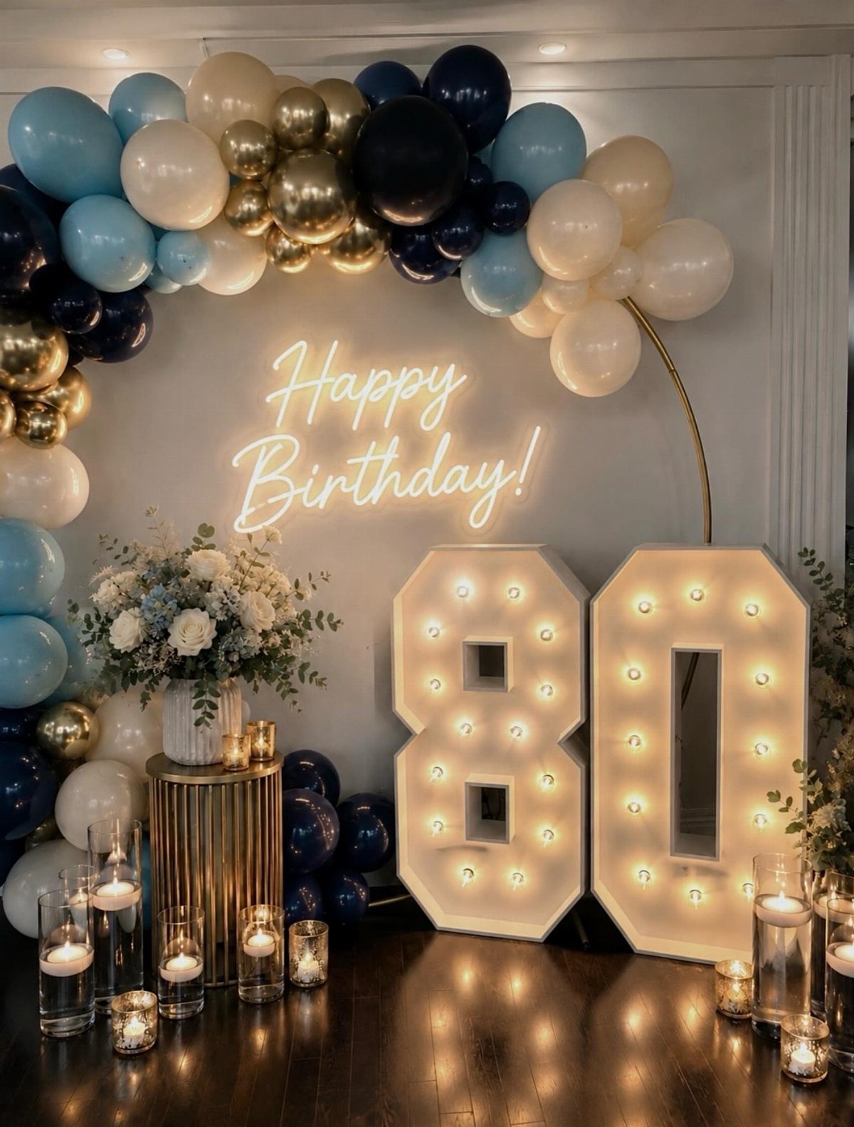 Large light-up number 80 with a neon Happy Birthday sign and balloon arch.