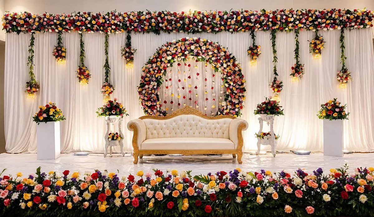White tufted sofa centered before a colorful floral arch and draped white curtains.