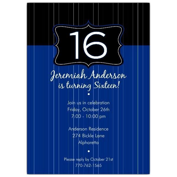 Blue and black 16th birthday invitation with pinstripes and ornate number 16 frame