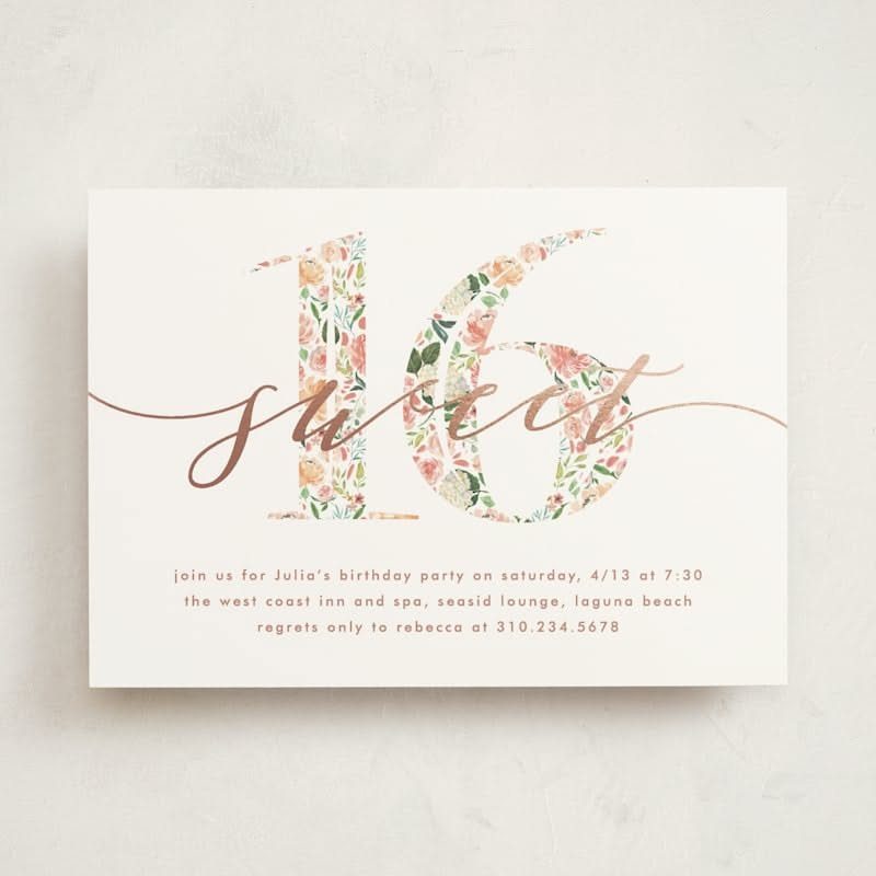 Floral pastel Sweet 16 invitation card with cursive text and event details.