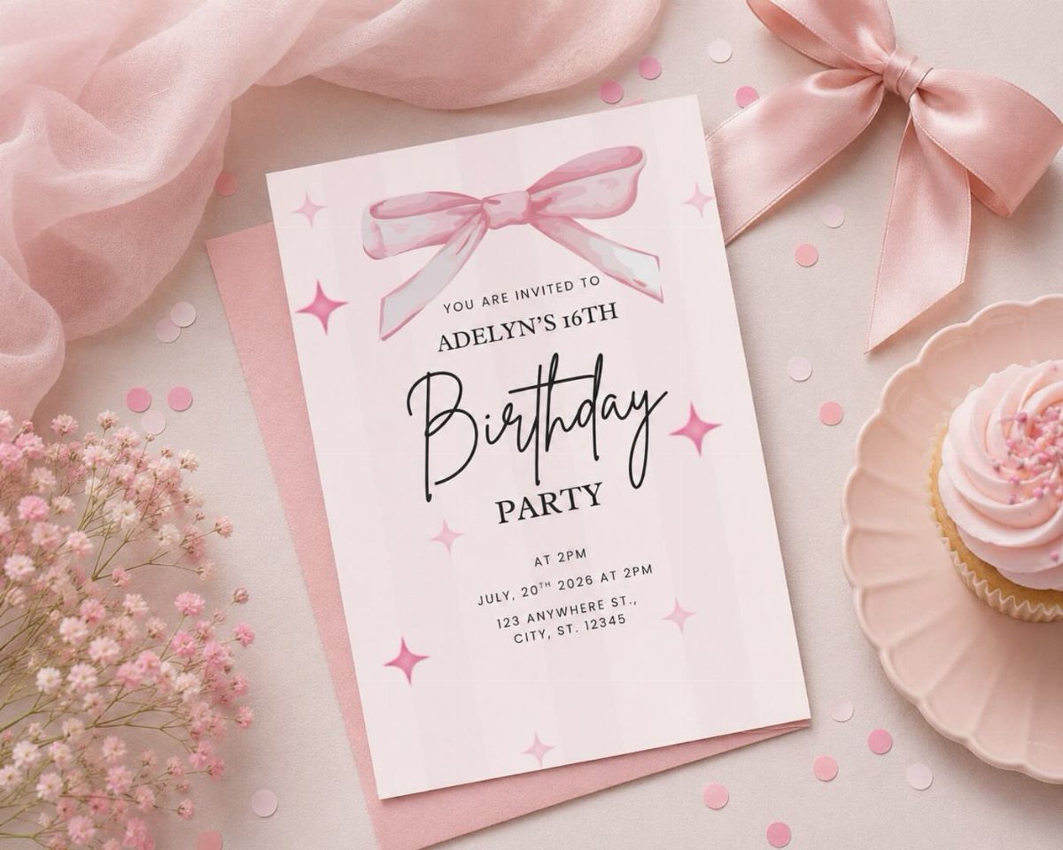 Birthday invitation for a 16th party surrounded by pink ribbons and flowers