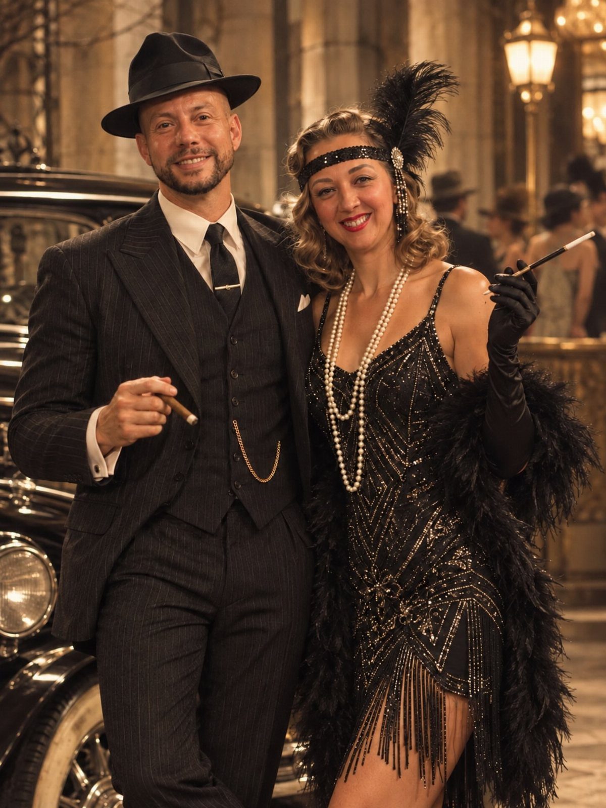 Man in pinstripe suit and woman in black flapper dress posing together.