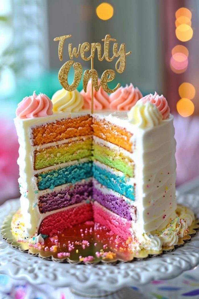 Rainbow layer cake with white frosting and a gold Twenty One topper.