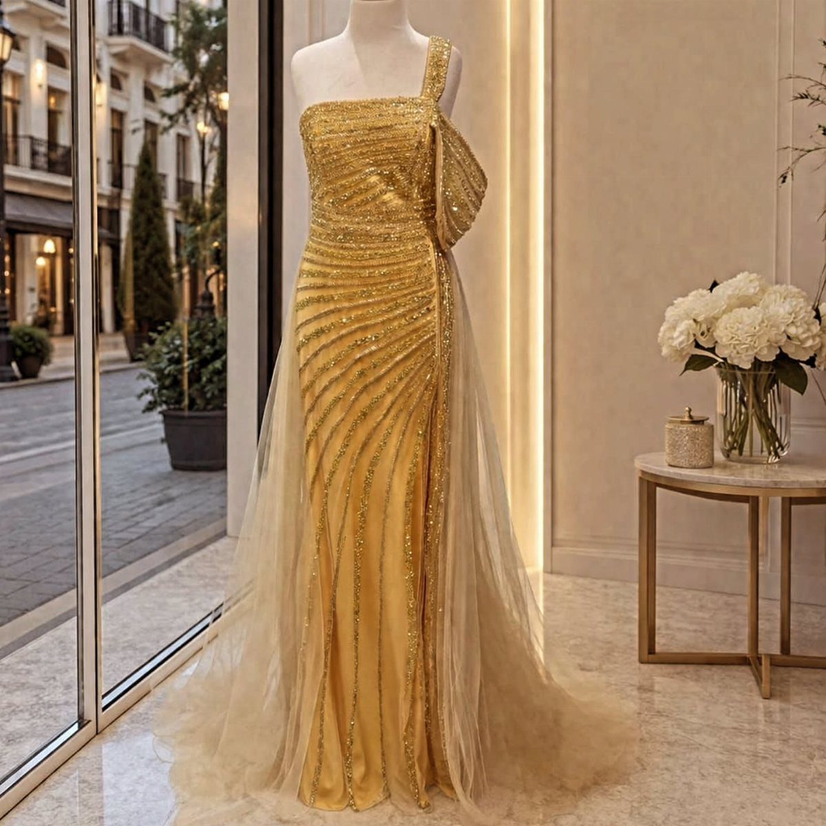 Gold sequined one-shoulder gown with a tulle overskirt on a white mannequin