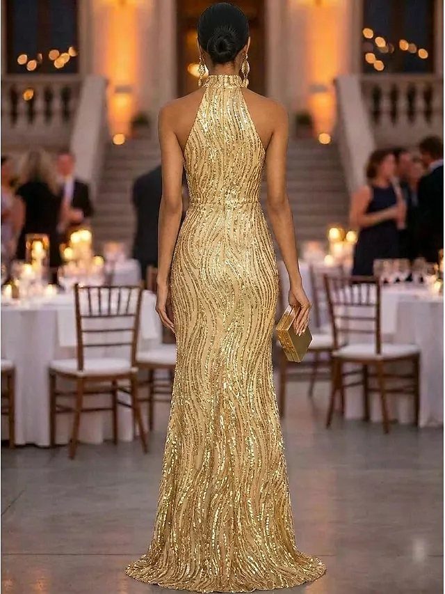 Woman from behind in a gold sequined halter-neck mermaid gown at an event