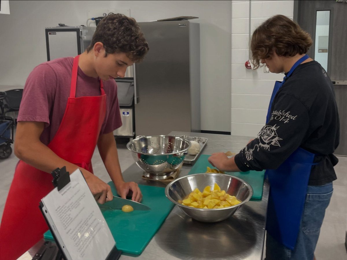 Two teenage boys in aprons chopping vegetables in a professional kitchen setting
