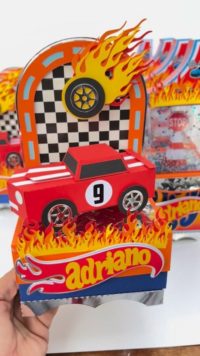 3D racing themed party favor box with red car and name Adriano