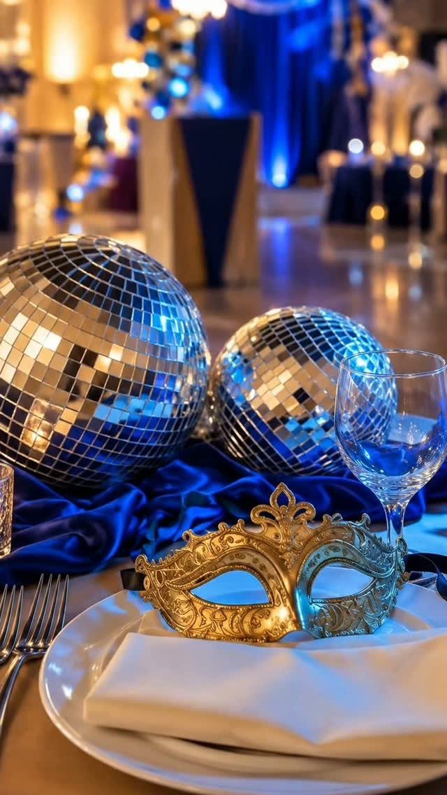 Gold masquerade mask on a dinner plate with disco balls and blue fabric.