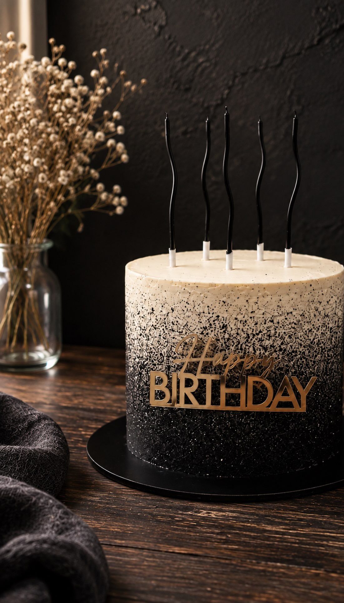 Ombre birthday cake transitioning from white to black with gold lettering and black candles.