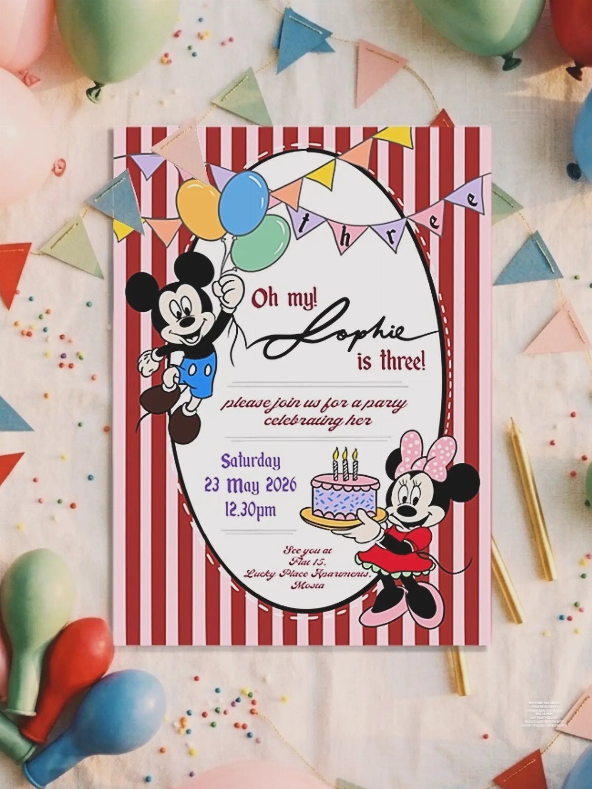 Mickey Mouse themed birthday invitation card surrounded by colorful balloons and confetti.