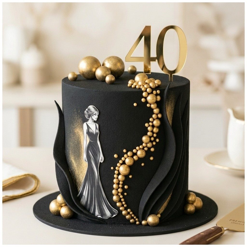 Black birthday cake with gold spheres, a gold 40 topper, and woman silhouette.