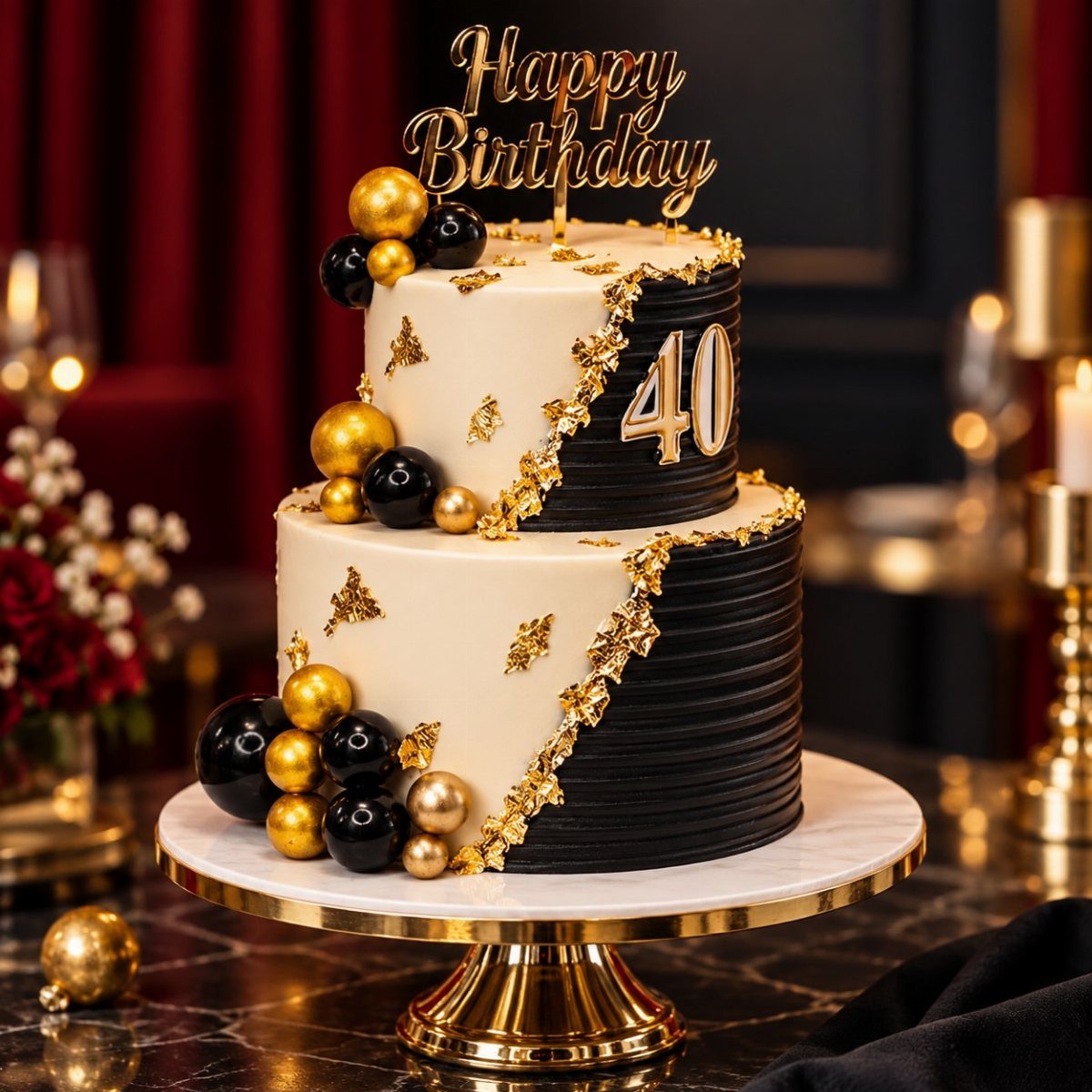 Two-tier black and cream birthday cake with gold leaf and number 40 topper.