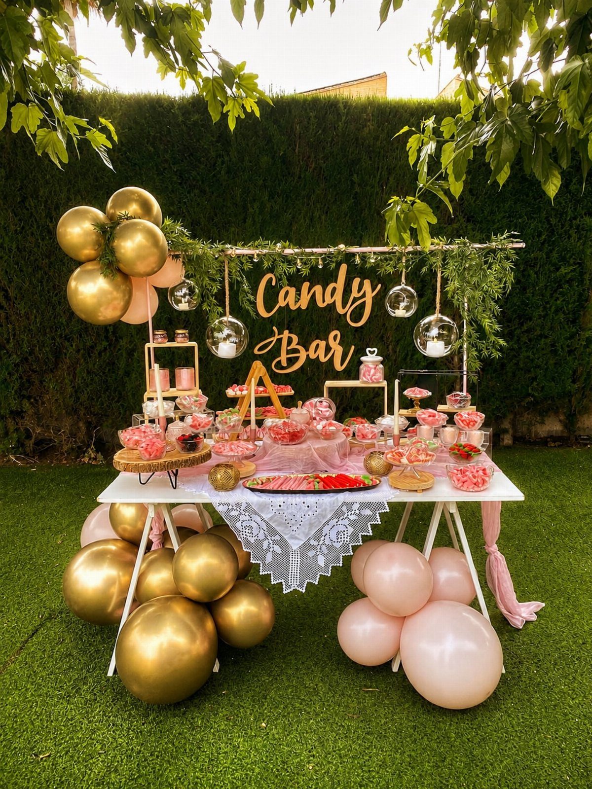 Candy buffet table with pink sweets, gold balloons, and a Candy Bar sign outdoors.