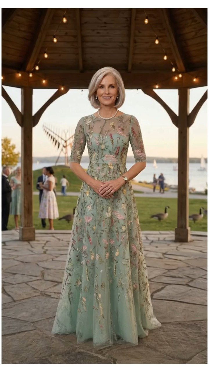 Mature woman in a light green floral embroidered gown standing under a wooden gazebo.