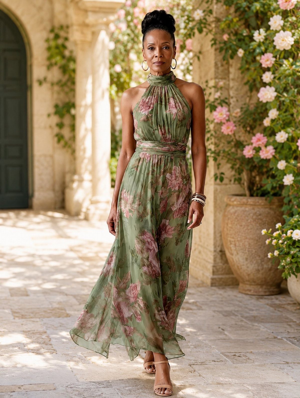 Woman wearing a green floral maxi dress standing on a sunny stone patio.