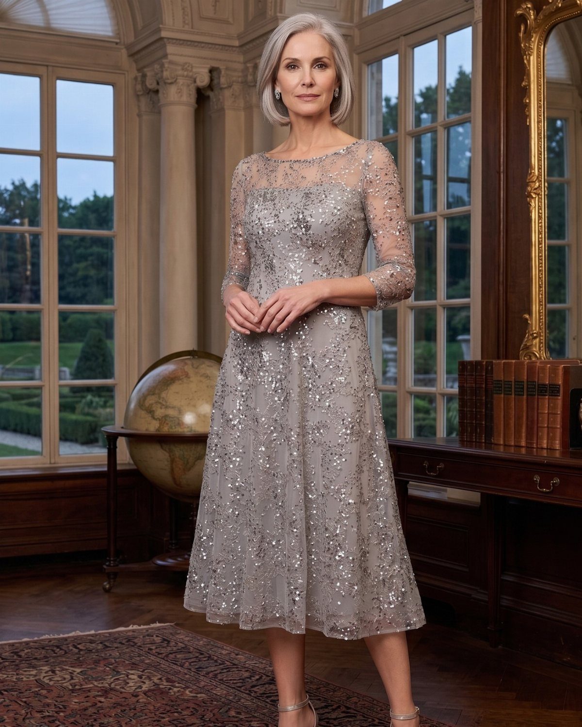 Mature woman wearing a shimmering silver sequined midi dress in a classic room.