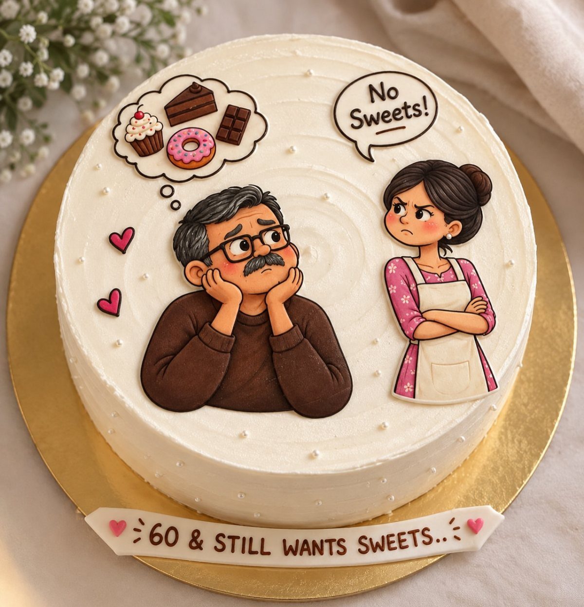 White birthday cake with cartoon couple and funny quote about wanting sweets at 60