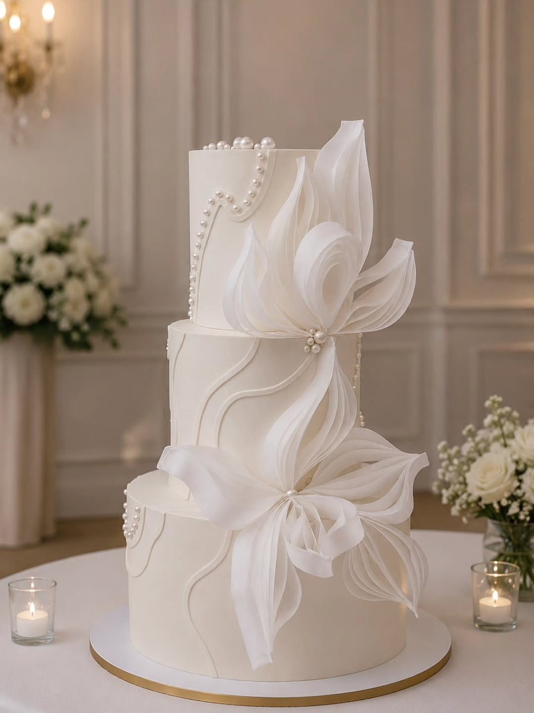 Three-tier white cake decorated with edible pearls and large curled wafer paper feathers.