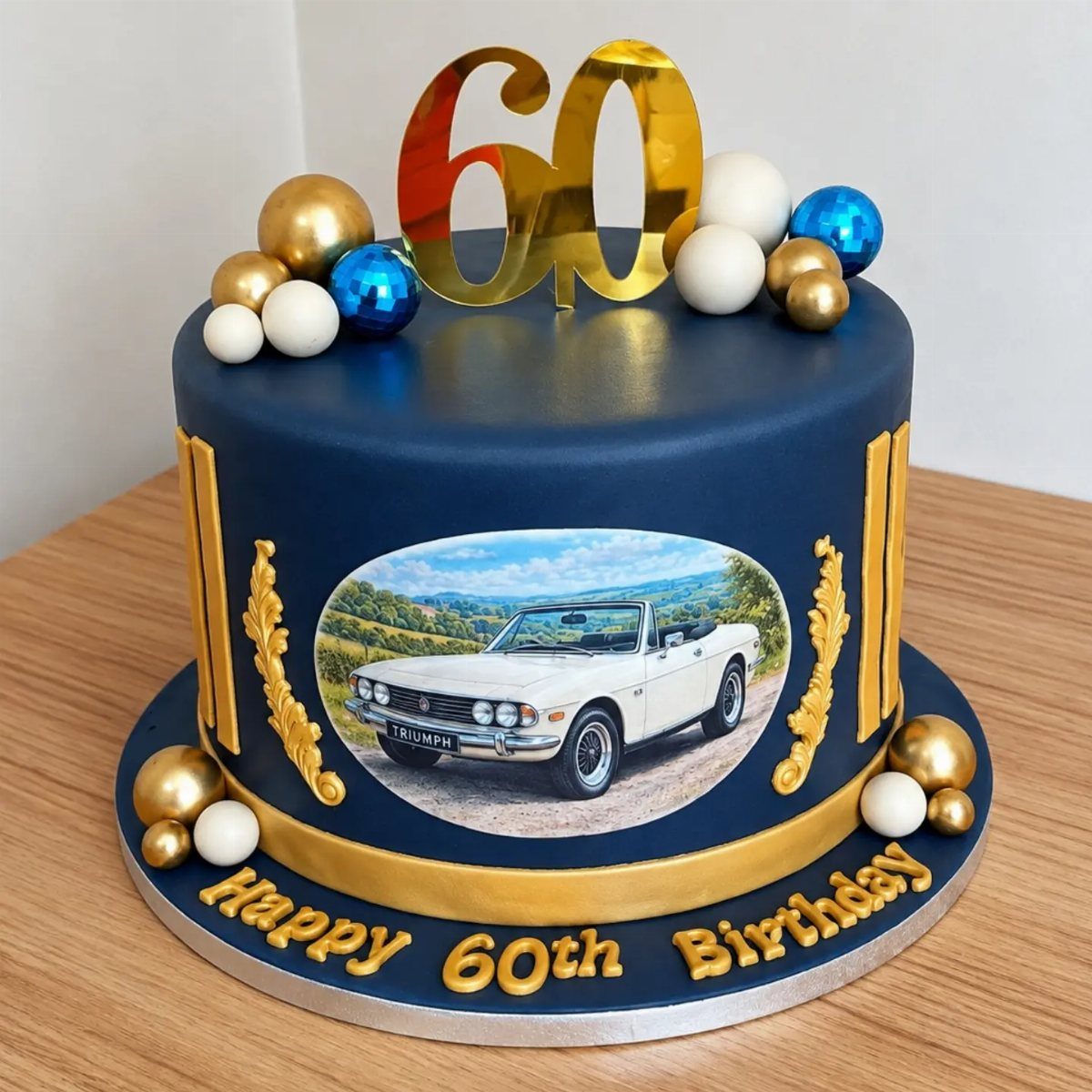Navy blue 60th birthday cake featuring an edible photo of a vintage white car.
