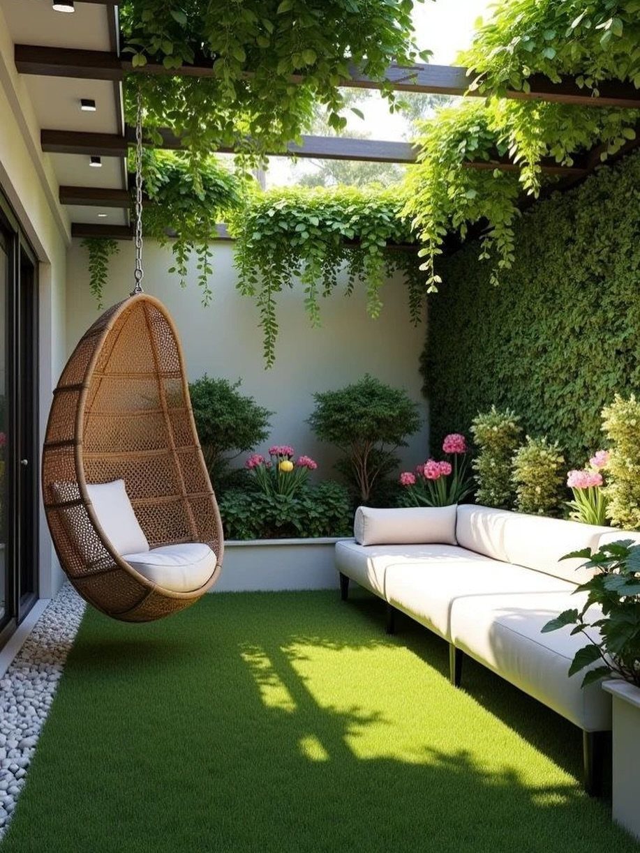 Modern outdoor patio with a hanging egg chair, white sofa, and lush greenery.