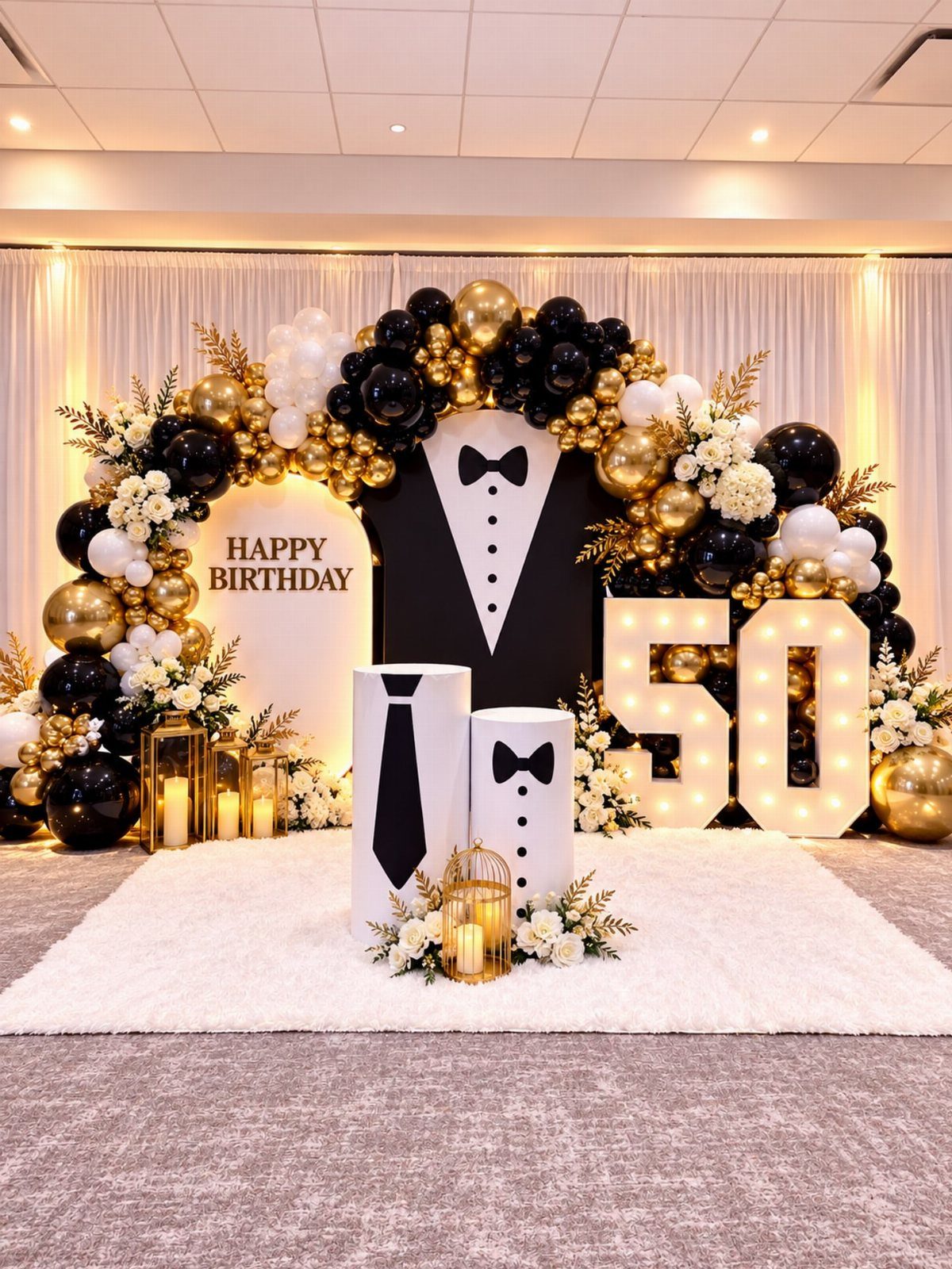 Birthday party decoration with gold and black balloons and large glowing 50 numbers.