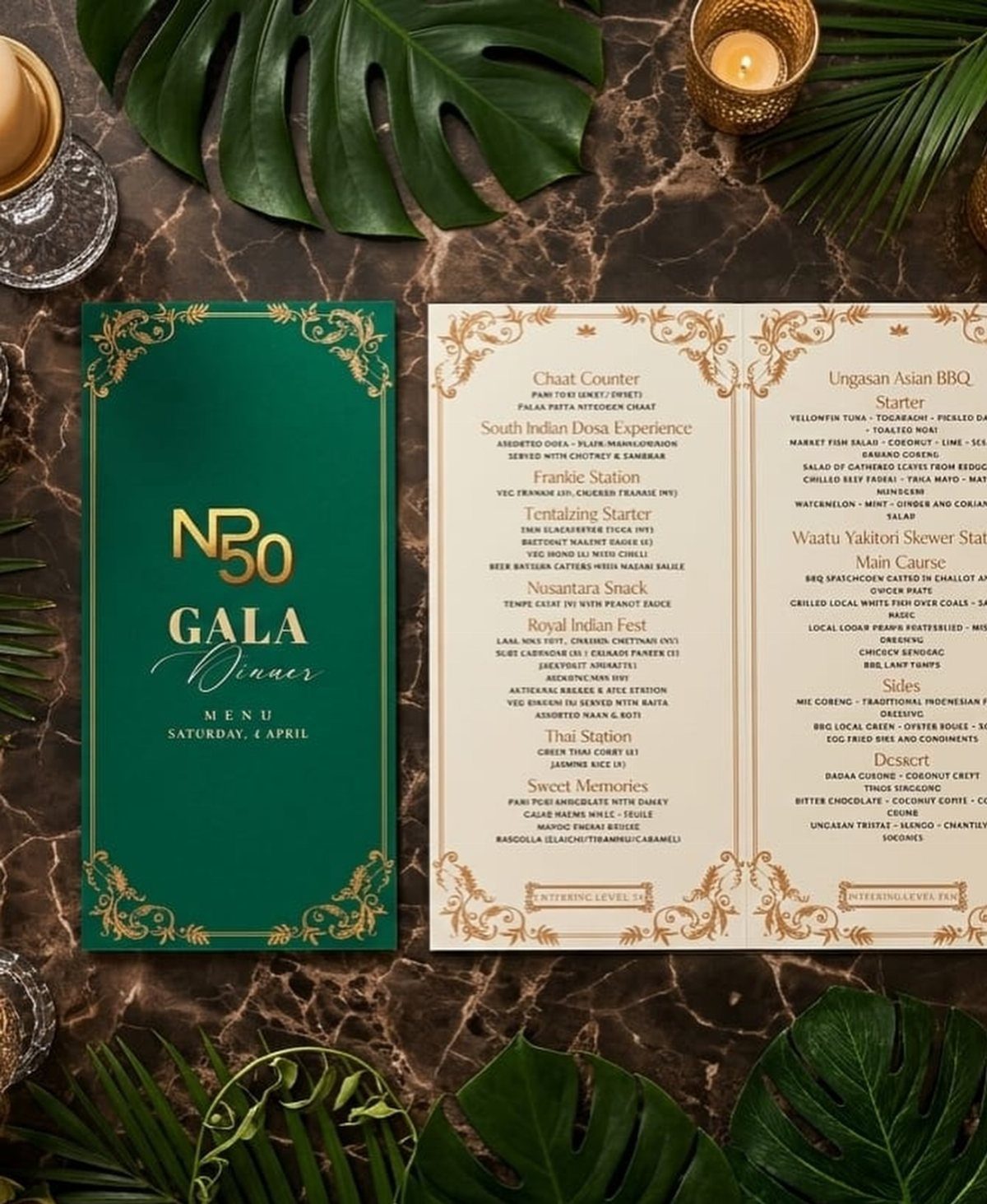 Green and gold 50th birthday gala dinner menu on marble with tropical leaves.
