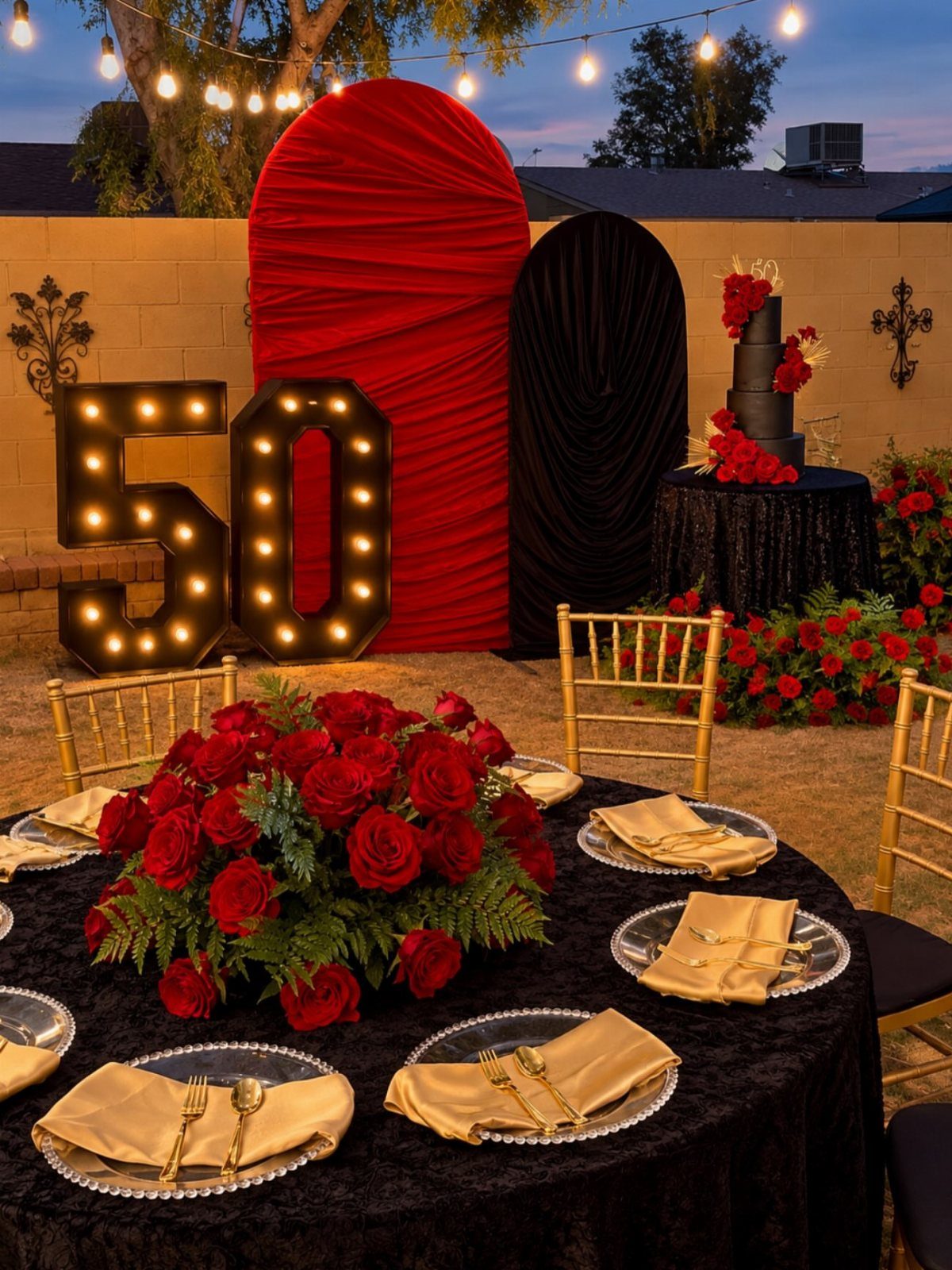 Elegant outdoor 50th birthday party setup with red roses and illuminated number 50.