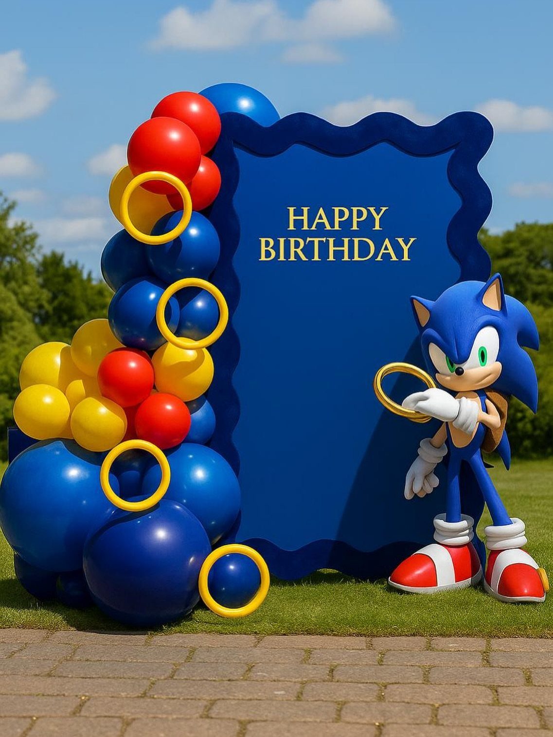Sonic the Hedgehog birthday backdrop with blue balloons and gold rings outdoors.