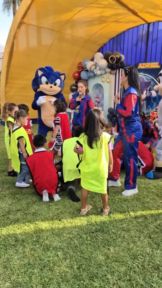 Sonic the Hedgehog mascot and costumed entertainers with children at a themed party.