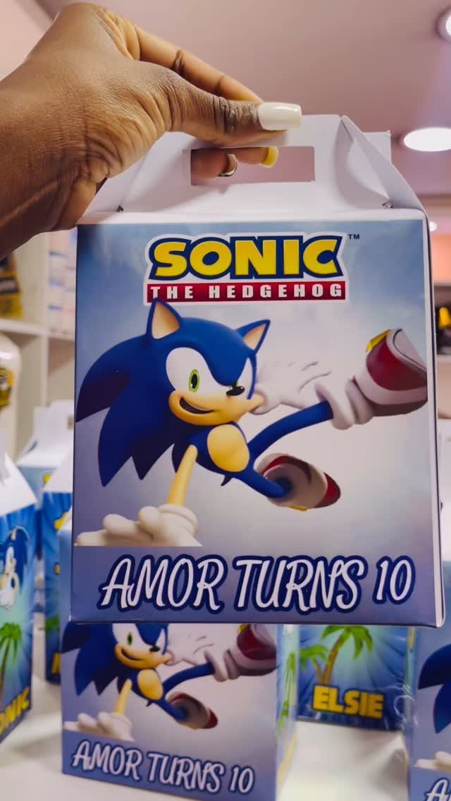 Sonic the Hedgehog themed snack boxes with personalized birthday text for a child.