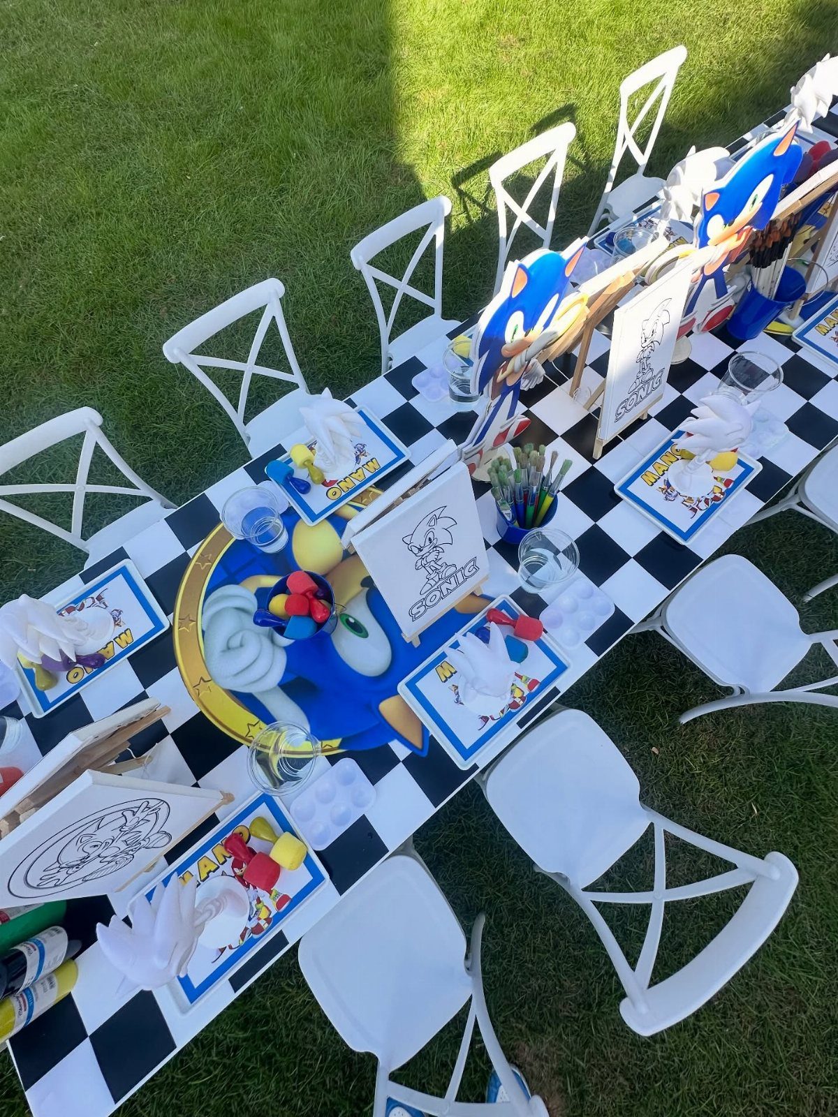 Sonic the Hedgehog themed table setting with checkered tablecloth and white folding chairs.