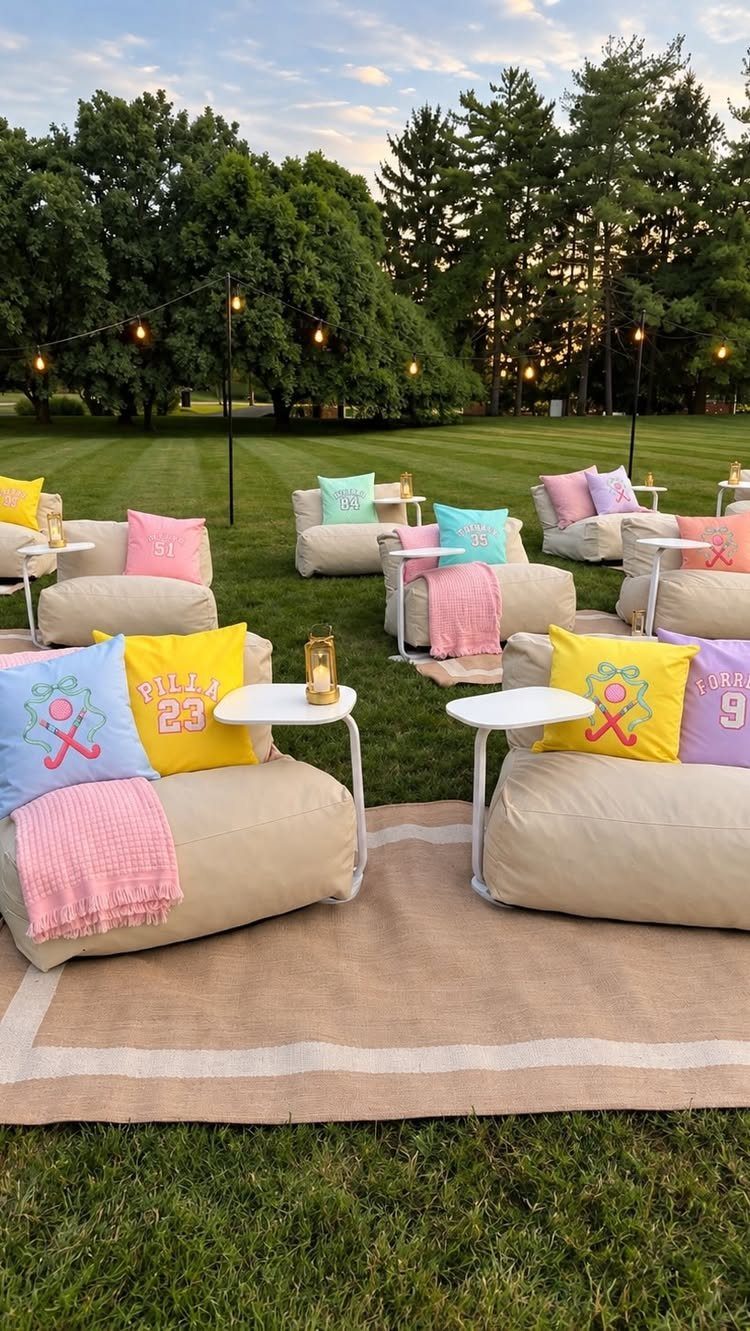 Backyard party setup with bean bag chairs, colorful pillows, and string lights on grass.