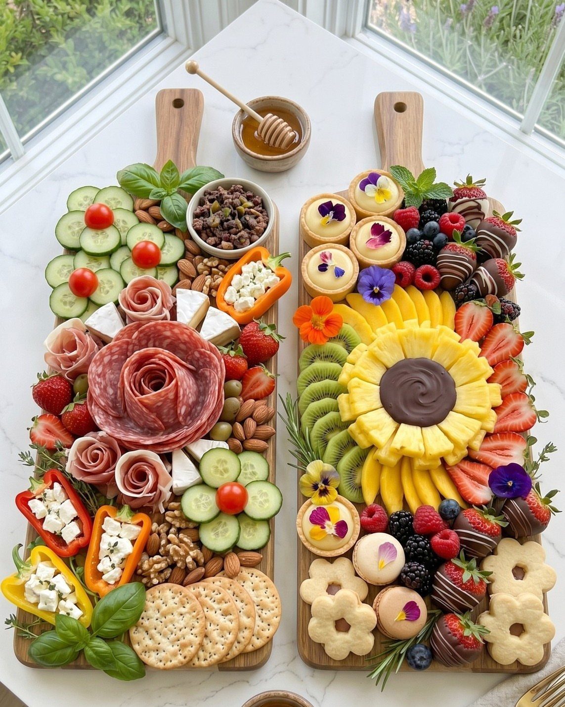 Two wooden boards featuring a savory charcuterie spread and a colorful fruit platter.