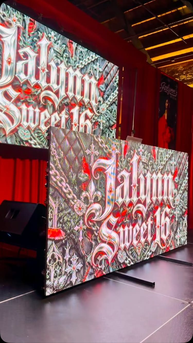 Digital screens displaying ornate Jalynn Sweet 16 text in a red venue.