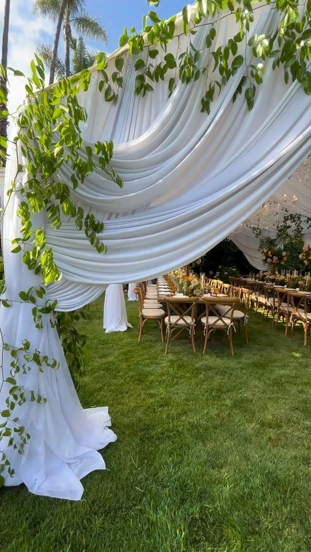 White draped fabric canopy with green vines over wooden dining tables on grass